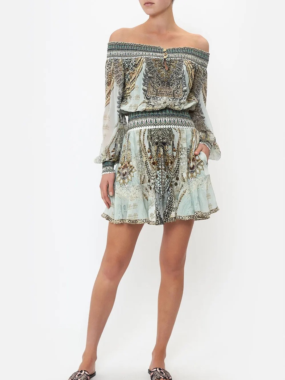 Camilla Off The Shoulder Short Dress in Free Espiritu Silk
